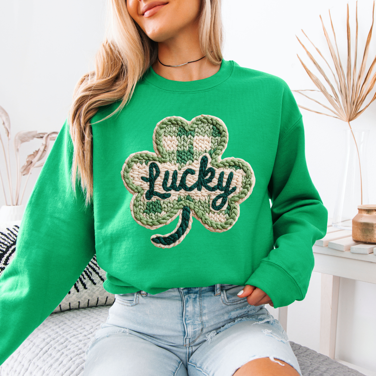 Lucky Shamrock Faux Knit | Unisex Crewneck Sweatshirt [Gildan]
