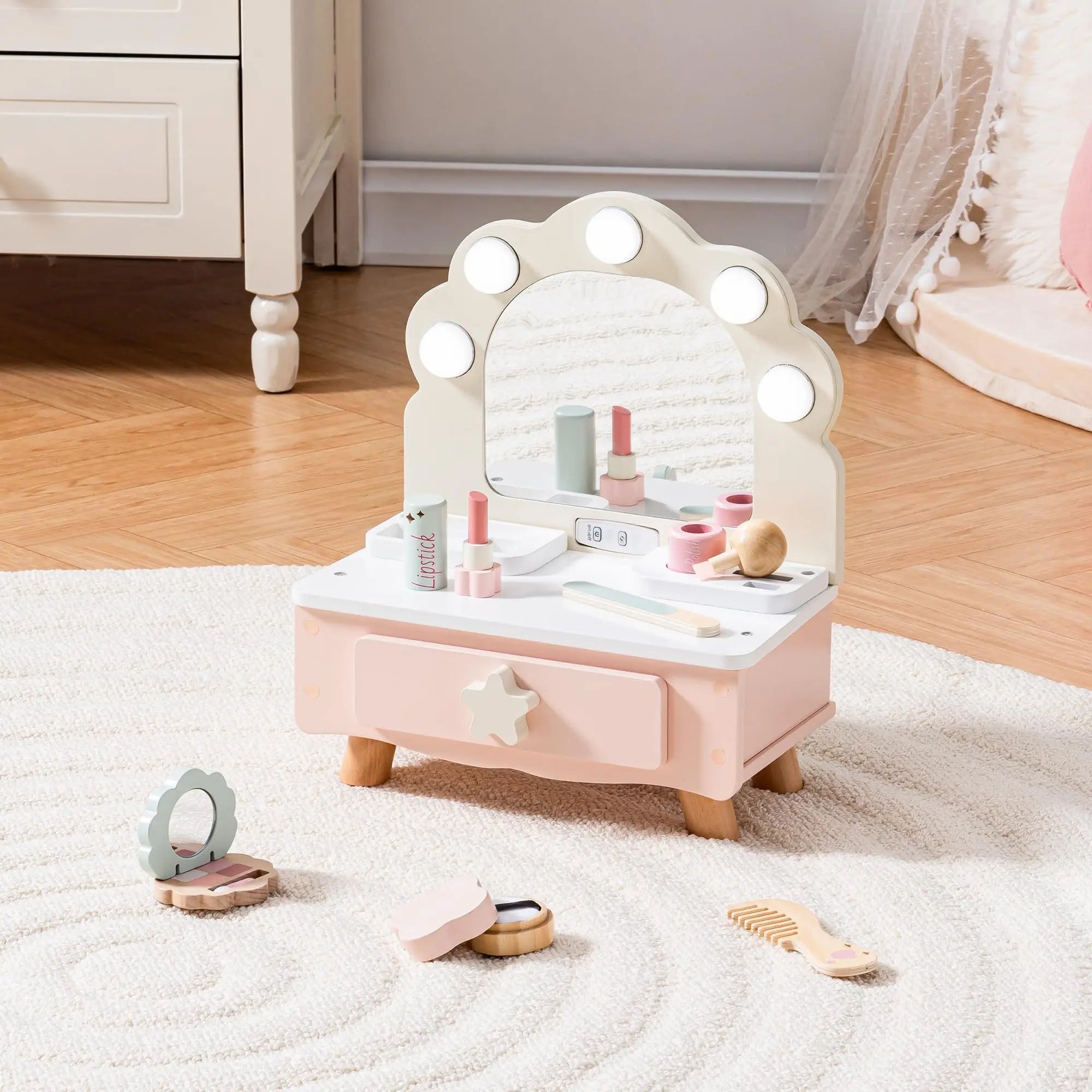 Wooden Vanity Makeup Table Toy with Light-Up Mirror