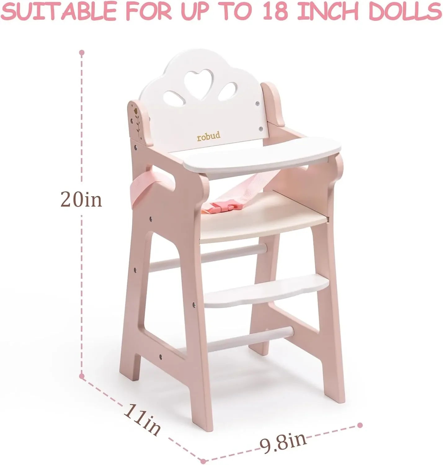 Wooden Doll Highchair with Cushion & Movable Tabletop